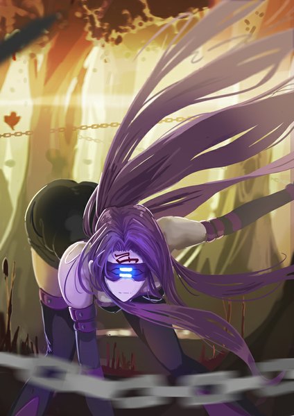 Anime picture 620x877 with fate (series) fate/stay night type-moon rider terric single long hair tall image standing bare shoulders purple hair leaning leaning forward facial mark girl thighhighs dress gloves black thighhighs plant (plants)