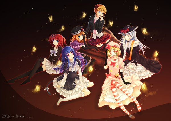 Anime picture 1500x1065 with umineko no naku koro ni beatrice ushiromiya ange frederica bernkastel lambdadelta virgilia eva beatrice long hair looking at viewer fringe short hair open mouth blue eyes blonde hair red eyes sitting multiple girls blue hair looking away white hair