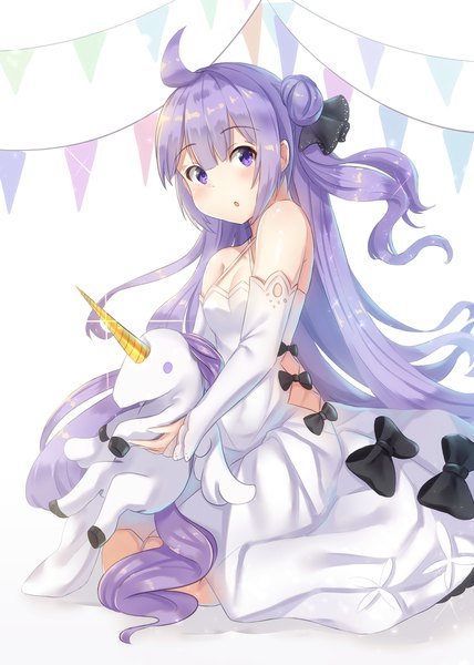 Anime picture 1600x2240 with azur lane unicorn (azur lane) holmemee single tall image looking at viewer blush fringe breasts open mouth simple background hair between eyes white background sitting purple eyes bare shoulders holding payot cleavage purple hair