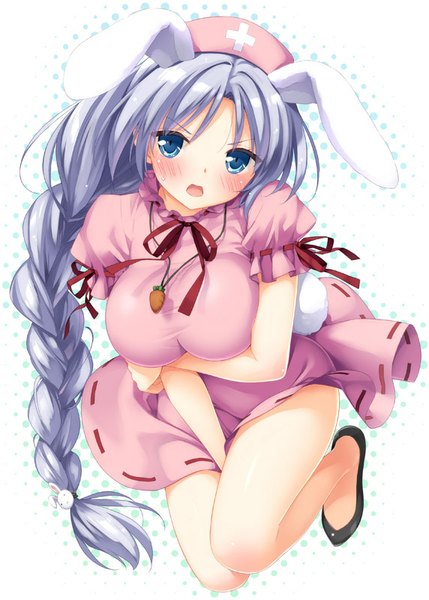 Anime picture 572x800 with touhou inaba tewi yagokoro eirin kani biimu single long hair tall image blush breasts open mouth blue eyes light erotic large breasts white background animal ears purple hair bent knee (knees) tail braid (braids) animal tail