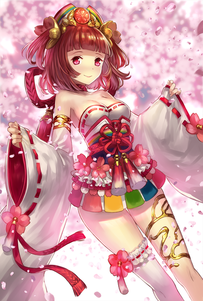 Anime picture 1000x1480 with original terai (teraimorimori) single tall image looking at viewer blush short hair smile red eyes brown hair girl thighhighs hair ornament flower (flowers) detached sleeves petals single thighhigh