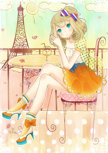 Anime picture 2480x3507 with original yuki (pixiv 3438895) single tall image looking at viewer blush highres short hair open mouth blue eyes blonde hair sitting sky cloud (clouds) nail polish polka dot france girl skirt flower (flowers)