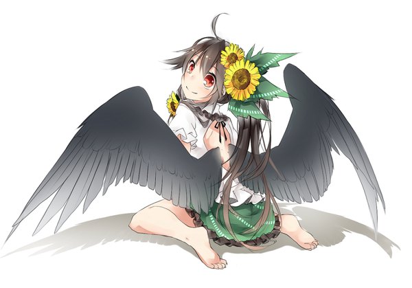 Anime picture 1460x1020 with touhou reiuji utsuho toutenkou single long hair looking at viewer fringe black hair simple background smile hair between eyes red eyes white background sitting payot full body ahoge ponytail looking back barefoot