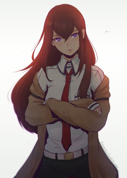 Anime picture 642x900 with steins;gate white fox makise kurisu koyoriin single long hair tall image looking at viewer fringe breasts simple background brown hair standing white background purple eyes long sleeves head tilt fingernails lips open jacket