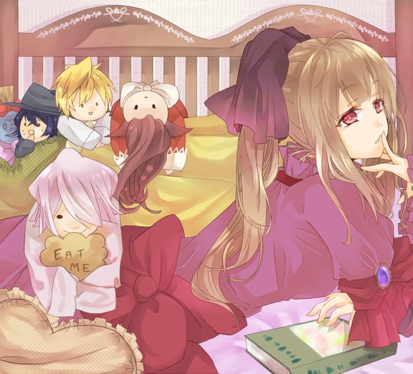Anime picture 1000x905 with pandora hearts xebec oz vessalius gilbert nightray xerxes break emily (pandora hearts) sharon rainsworth long hair blonde hair red eyes lying inscription finger to mouth girl dress bow book (books) bed doll (dolls)