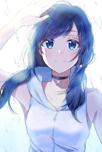 Anime picture 800x1184 with tenki no ko amano hina (tenki no ko) myusha single long hair tall image looking at viewer fringe blue eyes simple background smile white background twintails bare shoulders payot blue hair upper body arm up sunlight sleeveless