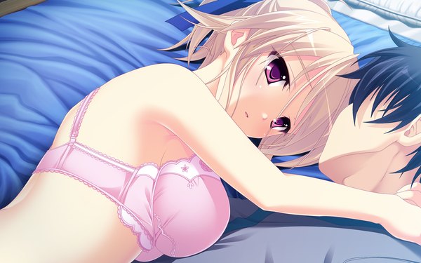 Anime picture 1280x800 with zutto tsukushite ageru no! minami wakana short hair breasts light erotic blonde hair wide image game cg pink eyes girl boy