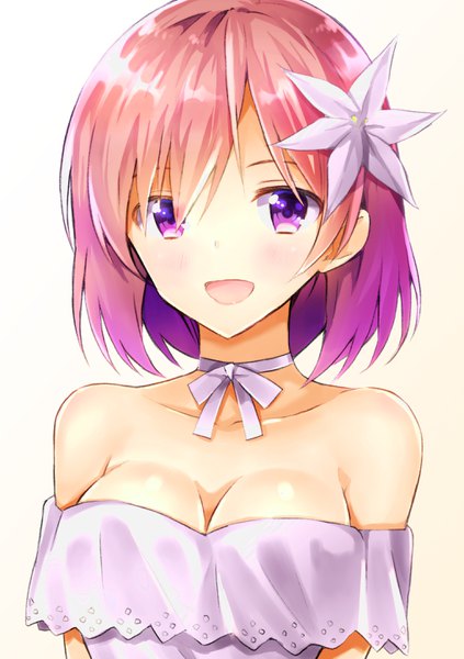 Anime picture 2039x2894 with fate (series) fate/grand order mash kyrielight nanakusa amane single tall image looking at viewer blush fringe highres short hair breasts open mouth light erotic simple background smile white background purple eyes bare shoulders pink hair