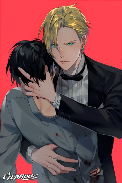 Anime picture 950x1426 with banana fish mappa ash lynx okumura eiji gearous tall image fringe short hair black hair simple background blonde hair hair between eyes green eyes signed multiple boys hug torn clothes red background shounen ai frown