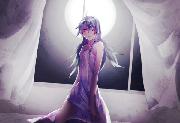 Anime picture 3622x2476 with vocaloid gumi takka (aegis9294) single long hair looking at viewer highres red eyes bare shoulders absurdres silver hair girl window moon curtains blanket