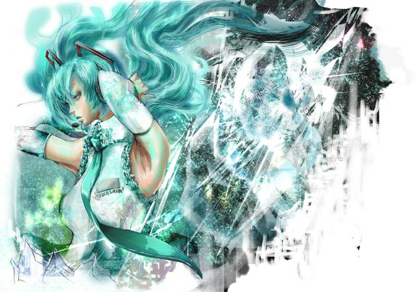 Anime picture 1024x717 with vocaloid hatsune miku tanupo single long hair twintails aqua eyes aqua hair armpit (armpits) lipstick girl detached sleeves necktie headphones