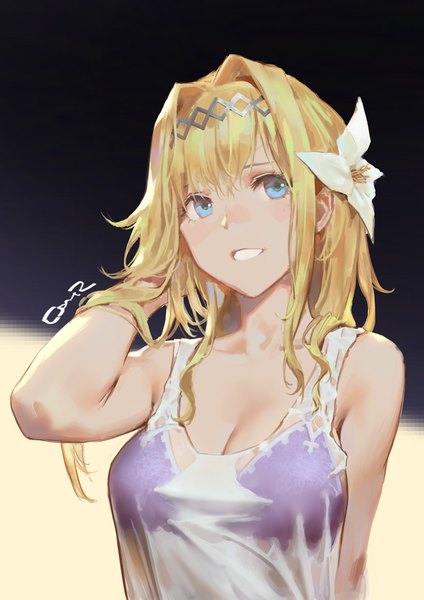 Anime-Bild 800x1132 mit granblue fantasy jeanne d'arc (granblue fantasy) cancer (zjcconan) single long hair tall image blush fringe breasts blue eyes light erotic simple background blonde hair smile hair between eyes large breasts signed payot looking away cleavage