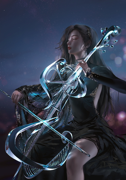 Anime picture 4235x6000 with original nixeu single long hair tall image fringe highres black hair sitting holding absurdres bent knee (knees) outdoors eyes closed long sleeves fingernails lips realistic night mole