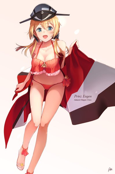 Anime picture 794x1200 with kantai collection prinz eugen (kantai collection) azumi akitake single long hair tall image looking at viewer blush fringe breasts open mouth light erotic simple background blonde hair smile hair between eyes large breasts white background twintails bare shoulders