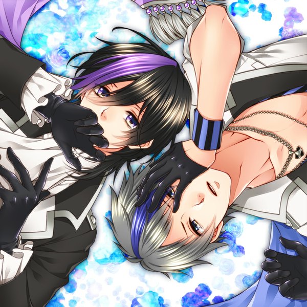 Anime picture 800x800 with marginal #4 himuro kira makishima shy rio (rio 01) looking at viewer short hair black hair silver hair purple hair lying parted lips multicolored hair from above two-tone hair multiple boys streaked hair hand on face boy gloves black gloves
