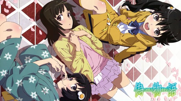 Anime picture 1600x900 with nisemonogatari shaft (studio) monogatari (series) sengoku nadeko araragi karen araragi tsukihi michishita kouta long hair looking at viewer blush short hair open mouth black hair wide image multiple girls brown eyes ponytail japanese clothes black eyes side ponytail