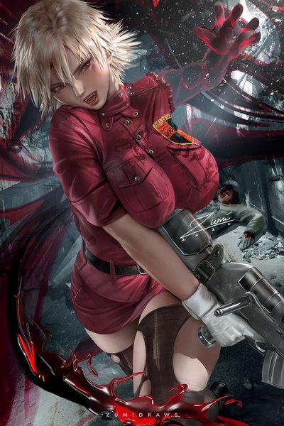 Anime picture 2339x3508 with hellsing seras victoria zumi (zumidraws) single tall image looking at viewer blush fringe highres short hair breasts open mouth light erotic blonde hair hair between eyes red eyes large breasts twintails signed indoors