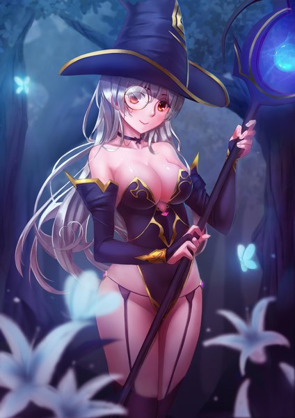 Anime picture 1414x2000 with original bencao gangmu (anquan sy) single long hair tall image looking at viewer blush breasts light erotic smile red eyes cleavage silver hair night girl flower (flowers) plant (plants) hat detached sleeves tree (trees)