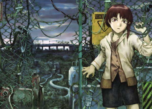 Anime picture 3000x2152 with serial experiments lain iwakura lain abe yoshitoshi single highres short hair brown hair brown eyes braid (braids) girl skirt wire (wires) fence