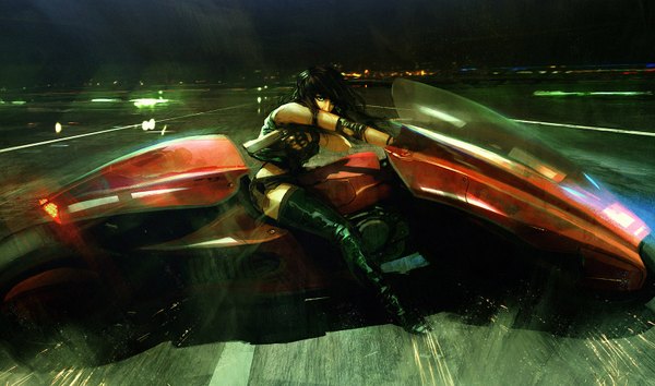 イラスト 1600x945 と オリジナル tiger1313 黒髪 wide image realistic 女の子 道 オートバイ