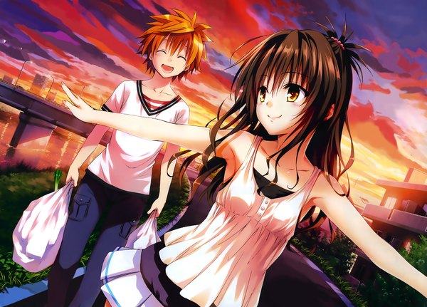 Anime picture 1809x1300 with toloveru xebec yuuki mikan yuuki rito ulquiorra90 long hair blush highres short hair black hair smile yellow eyes eyes closed orange hair evening sunset girl boy skirt t-shirt