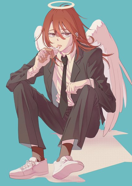 Anime picture 2200x3100 with chainsaw man mappa angel devil (chainsaw man) ice morinaka single long hair tall image fringe highres simple background hair between eyes red eyes sitting full body red hair angel wings licking aqua background boy shirt