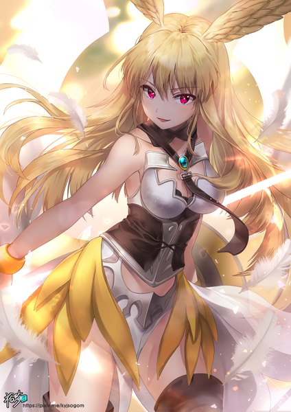 Anime picture 1980x2801 with fate (series) fate/grand order valkyrie (fate/grand order) thrud (fate/grand order) kyjsogom single long hair tall image looking at viewer blush fringe highres breasts open mouth light erotic blonde hair smile hair between eyes red eyes bare shoulders