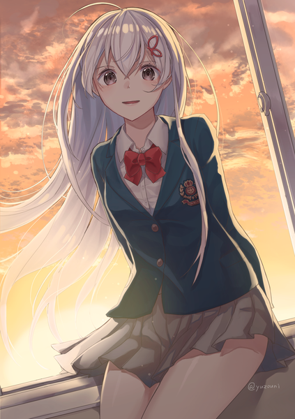 Anime picture 2039x2894 with re:zero kara hajimeru isekai seikatsu white fox echidna (re:zero) yuzouni single long hair tall image looking at viewer blush fringe highres breasts open mouth hair between eyes sitting brown eyes signed sky silver hair cloud (clouds)