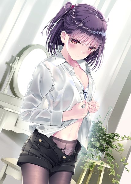 Anime picture 1276x1789 with original kobayashi chisato single tall image looking at viewer blush fringe short hair breasts light erotic smile standing brown eyes cleavage purple hair indoors blunt bangs long sleeves dutch angle one side up