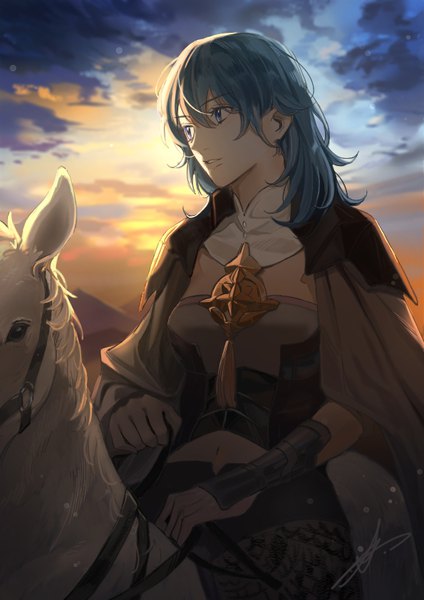 Anime picture 595x842 with fire emblem fire emblem: three houses nintendo byleth (fire emblem) byleth (female) (fire emblem) toho10min single long hair tall image fringe blue eyes hair between eyes signed blue hair looking away sky cloud (clouds) outdoors parted lips evening