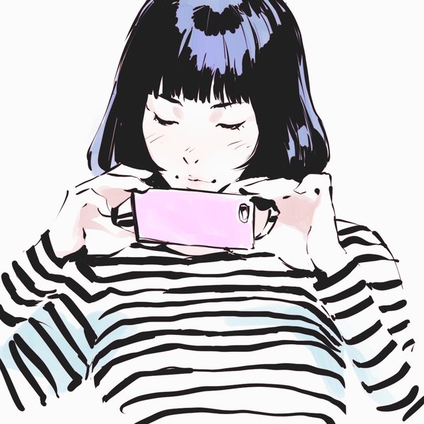Anime picture 1080x1080 with original ilya kuvshinov single short hair black hair simple background white background upper body eyes closed striped girl mobile phone smartphone