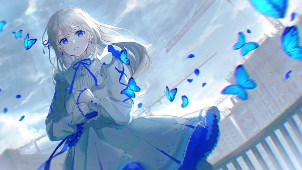 Anime picture 2048x1152 with original oyuyu single long hair looking at viewer fringe highres blue eyes hair between eyes wide image sky silver hair outdoors wind girl dress earrings insect butterfly crane