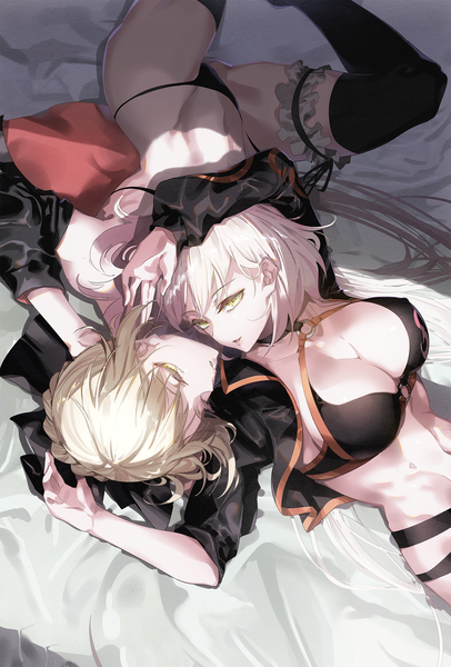 Anime picture 1355x2000 with fate (series) fate/grand order artoria pendragon (all) jeanne d'arc (fate) (all) jeanne d'arc alter (fate) jeanne d'arc alter (swimsuit berserker) (fate) artoria pendragon (alter swimsuit rider) (fate) tsurukame tall image looking at viewer fringe short hair breasts open mouth light erotic blonde hair hair between eyes large breasts multiple girls yellow eyes