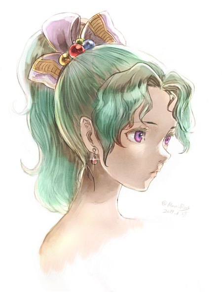 Anime picture 1200x1600 with final fantasy final fantasy vi square enix tina branford komugiko no mori single tall image short hair simple background white background purple eyes bare shoulders signed looking away ponytail parted lips profile aqua hair sparkle twitter username