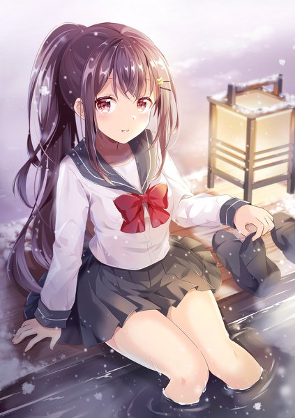 Anime picture 846x1200 with original shiro kuma shake single long hair tall image looking at viewer blush fringe breasts red eyes brown hair sitting holding ponytail long sleeves parted lips pleated skirt from above blurry arm support