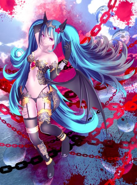 Anime picture 1200x1623 with vocaloid hatsune miku yusuke (shiota) single long hair tall image light erotic twintails bare shoulders blue hair full body pink eyes demon girl demon wings girl thighhighs gloves navel hair ornament wings