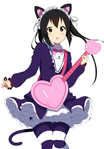 Anime picture 626x900 with k-on! show by rock!! kyoto animation studio bones nakano azusa icehotmilktea single long hair tall image looking at viewer blush fringe open mouth black hair simple background standing white background twintails holding brown eyes