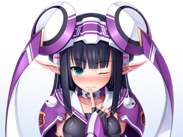 Anime picture 1200x900 with phantasy star online rupika (pso2) eto single long hair looking at viewer blush blue eyes black hair simple background smile white background one eye closed pointy ears wink girl fingerless gloves