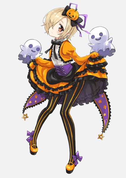 Anime picture 900x1271 with idolmaster idolmaster cinderella girls idolmaster cinderella girls starlight stage shirasaka koume eluthel single tall image looking at viewer blush fringe short hair simple background blonde hair brown eyes full body long sleeves hair over one eye grey background halloween ghost