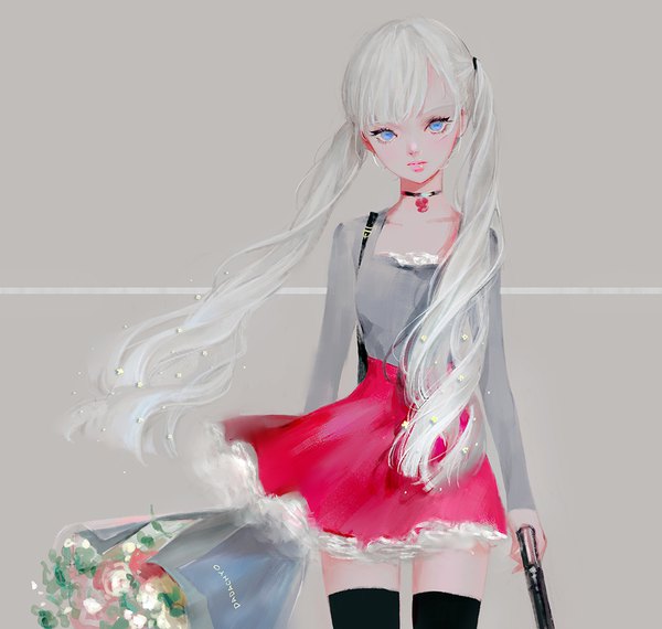 Anime picture 1000x950 with original dadachyo single long hair looking at viewer fringe blue eyes simple background twintails silver hair head tilt wind grey background zettai ryouiki lipstick pink lipstick girl thighhighs skirt flower (flowers)