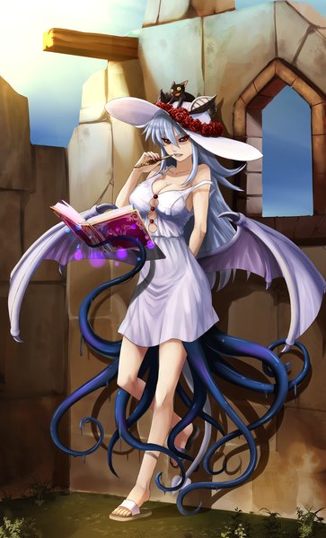 Anime picture 2480x4093 with monster girl encyclopedia lilim (monster girl encyclopedia) maritan (artist) single long hair tall image highres red eyes standing bare shoulders silver hair tail horn (horns) demon girl demon tail demon wings monster girl animal on head black sclera cat on head
