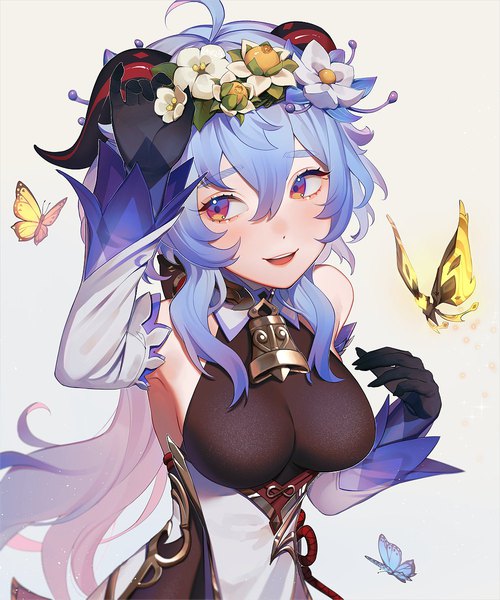Anime picture 1000x1200 with genshin impact ganyu (genshin impact) crystalfly (genshin impact) lavelis single long hair tall image fringe breasts light erotic simple background hair between eyes large breasts blue hair looking away ahoge horn (horns) bell collar multicolored eyes girl
