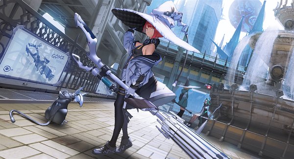 Anime picture 1316x714 with original mogumo single looking at viewer short hair blue eyes wide image standing sitting outdoors red hair off shoulder open jacket dutch angle city adjusting hat witch futuristic girl gloves