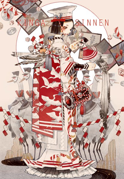 Anime picture 703x1015 with original hamondo single tall image blush short hair brown hair standing brown eyes full body long sleeves traditional clothes japanese clothes profile inscription text looking down eyeshadow english animal print