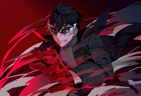 Anime picture 1200x819 with persona 5 persona amamiya ren gearous single fringe short hair black hair smile hair between eyes red eyes holding signed looking away full body upper body red background running aura boy