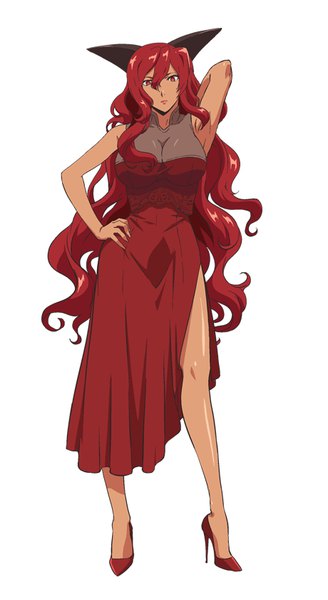 Anime picture 460x840 with isekai shokudou silver link aka no joou enami katsumi single long hair tall image looking at viewer fringe breasts light erotic simple background hair between eyes red eyes large breasts standing white background payot full body red hair