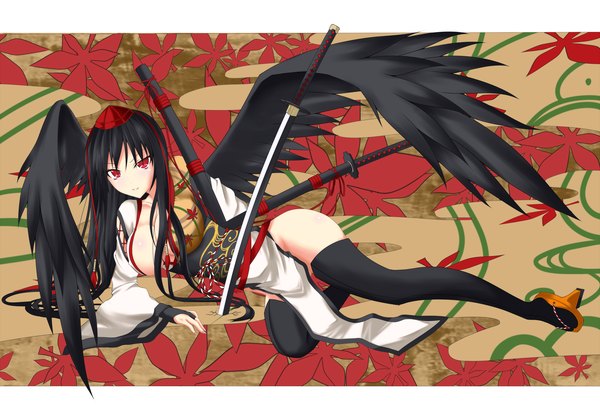 Anime picture 2000x1400 with touhou shameimaru aya gmot single long hair looking at viewer highres breasts light erotic black hair red eyes large breasts lying japanese clothes girl thighhighs weapon hat white thighhighs sword