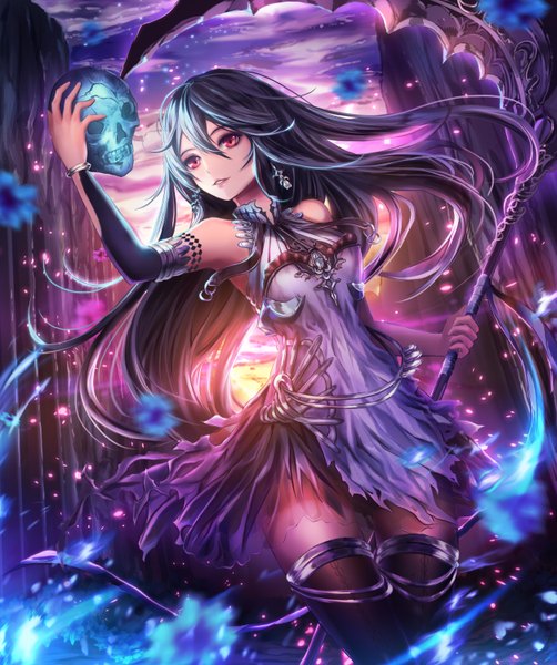 Anime picture 2508x3000 with original a-line single long hair tall image highres black hair red eyes sky cloud (clouds) girl thighhighs dress weapon black thighhighs earrings skull scythe