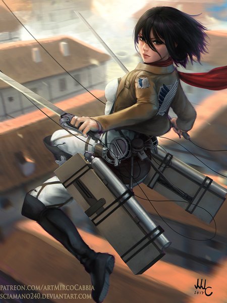 Anime picture 1050x1400 with shingeki no kyojin production i.g mikasa ackerman sciamano240 single tall image looking at viewer fringe short hair breasts black hair hair between eyes holding signed full body outdoors long sleeves lips black eyes realistic