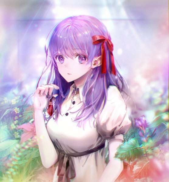 Anime picture 1911x2061 with fate (series) fate/stay night matou sakura hirose (10011) single long hair tall image looking at viewer fringe highres breasts hair between eyes standing purple eyes holding purple hair upper body puffy sleeves girl dress